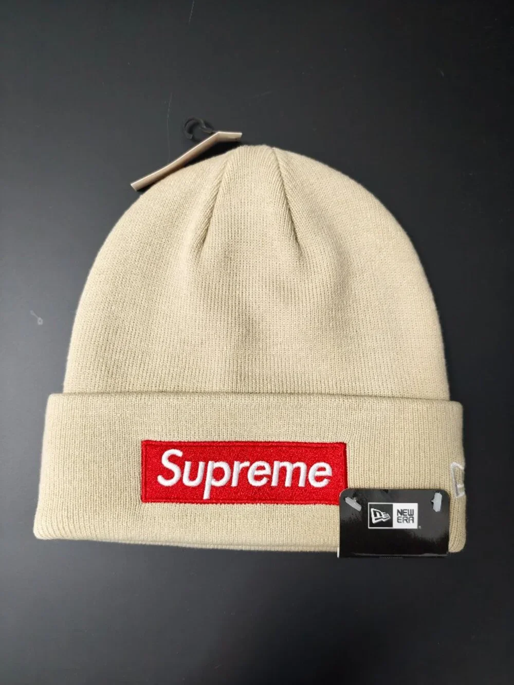 Supreme New Era Beige Red Logo Beanie